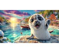 Cartoon-seal-on-beach-under-sunny-sky Puzzle Game 1000 Piece Recycled Paper Impossible Hard Difficult Challenging for Women, Gifts for Men for Decompression 38x52/1000pcs