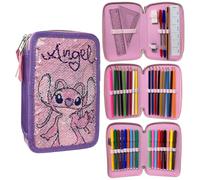 CARTOON Sequin Pencil Case Reversible 3 Zip School Complete 44 Pieces Stationery Pens Giotto Accessories for Kids and Teens, Angel, Pencil Cases