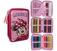 CARTOON Sequin Pencil Case Reversible 3 Zip School Complete 44 Pieces Stationery Pens Giotto Accessories for Kids and Teens, Minnie Mouse, Pencil Cases