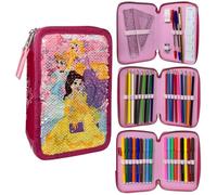 CARTOON Sequin Pencil Case Reversible 3 Zip School Complete 44 Pieces Stationery Pens Giotto Accessories for Kids and Teens, Princesses, Pencil Cases
