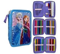 CARTOON Sequin Pencil Case Reversible 3 Zip School Complete 44 Pieces Stationery Pens Giotto Accessories for Kids and Teens, Frozen, Pencil Cases