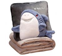 Cartoon Shark 2-in-1 Pillow Blanket - Convertible Plush Cushion Soft Stuffed Throw with Zipper Foldable Air Conditioning Quilt Nap Blanket for Sofa Bed Car Travel Home (#2,Blanket:150*100cm)