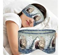Cartoon Shark Eating Ship in Ocean Sea Print Travel Eye Mask Full Wrap Adjustable Darkness Sleep Headband