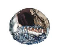 Cartoon Shark Eating Ship in Ocean Sea Printed Reusable Bathing Cap, Dual Layer Hair Cover For Long Thick Hair, 10.6in Headgear