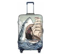 Cartoon Shark Eating Ship in Ocean Sea Printing Large Suitcase Cover, Stretchable Suitcase Cover with Double-Sided Print, Keeps Luggage Closed