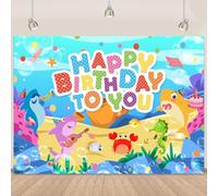 Cartoon Shark Happy Birthday Backdrop to You Underwater World Themed Photography Background Cute Shark Ocean Under The Sea Backdrop for Kids Blue Ocean Birthday Party Decorations 5.9x3.6Ft