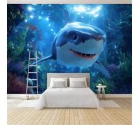 Cartoon Shark Underwater World Coral Reef Wall Mural Blue 400 x 280 cm - Premium Non-Woven Large Photo Wallpaper for Teenage Boys Bedroom, Living Room, Office Feature Wall Decoration