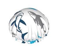 Cartoon Sharks Print Shower Cap â€“ Double Layer Bath Hair Cap with Elastic Band Lining, Ideal for Home Spa, Hotel, and Travel