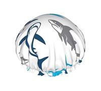 Cartoon Sharks Print Shower Cap for Women & Men â€“ Reusable Double-Layer Bath Hair Cap with Elastic Strap L