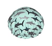 Cartoon Sharks Print Shower Cap - Reusable, Double Layer, Hotel Travel Essentials, Salon Shower Hat Accessories One Size