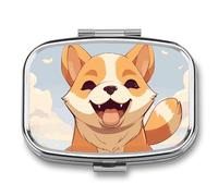 Cartoon Shiba Inu Dog Pill Box 2 Compartment, Portable Pill Case with Mirror for Pocket Purse Travel, Mini Metal Medicine Organizer for Vitamins Fish Oil