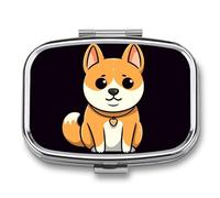 Cartoon Shiba Inu Pill Box 2 Compartment, Portable Pill Case with Mirror for Pocket Purse Travel, Mini Metal Medicine Organizer for Vitamins Fish Oil
