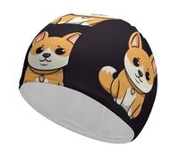 Cartoon Shiba Inu Swim Cap for Adult, Elastic Fabric Swimming Cap, Comfortable Bathing Cap for Long & Short Hair