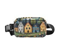 Cartoon Shih Tzu Dogs Vintage Bathtub Stylish Waist Pack Crossbody Bag for Women Men Mini Crossbody Sling Bag for Travel, Charming Village Houses Gardens, One Size