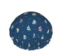 Cartoon Ship Ocean On A Blue Background Reusable Elastic Bath Waterproof Shower Cap For Womens, Caps For Girls Spa Home Use,Hotel And Hair Salon