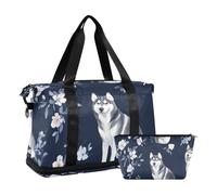 Cartoon Siberian Husky Dogs Navy Blue Duffel Bags Weekender Duffel Bag with Toiletry Bag for Yoga Multifunctional, cartoon Siberian Husky dogs Navy Blue, One Size