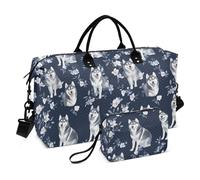 Cartoon Siberian Husky Dogs Navy Blue Travel Duffel Bags Carry On Weekend Bag Sports Gym Tote Bag with Adjustable Strap for Travel Foldable