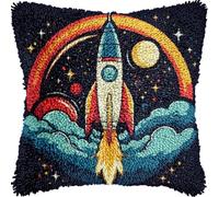 Cartoon Simple Rocket Planet Stars Space DIY Latch Hook Kits Pillow with Printed Canvas Cushion Crochet Yarn Embroidery Hook and Latch Kit Pillowcase Christmas Decor 43x43cm