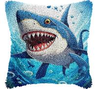 Cartoon Simple Shark Animal in Ocean DIY Latch Hook Kits Pillow with Printed Canvas Cushion Crochet Yarn Embroidery Hook and Latch Kit Pillowcase Christmas Decor 43x43cm(2)