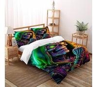 Cartoon Skeleton Bedding Set Double（200x200cm）, Terror Comforter Cover Kids Adults Bedroom Decor, Devil's Skull 3D Print Duvet Insert 3Pcs with Zipper Closure
