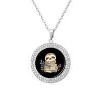 Cartoon Sloth Holding Books Round Pendant Necklace Diamond Edging Brilliant Personalized Jewelry Gifts for Women Silver-style