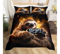 Cartoon Sloth Kids Duvet Cover Double Size,Gaming Gamepad Video Games Controller Bedding Set,Boys Men Room Decor,Cute Wild Animals Brown Fashion Comforter Cover 2 Pillowcases,No Comforter