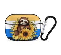 Cartoon Sloth Sitting on Sunflower AirPods Pro Case Cover with Keychain Ring PC Hard Shell Protective Case for AirPods Pro 2nd for Women Men Generation Easy Open Full Drop Protection Cover Black-style