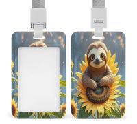 Cartoon Sloth Sitting on Sunflower Badge Holder with Breakaway Lanyard Plastic Vertical Name Badge ID Card Holders Waterproof ID Card Name Tag Badge Holder for Office Doctor Teacer Travel