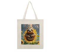 Cartoon Sloth Sitting on Sunflower Canvas Tote Bag with Handles Extremely Sturdy Reusable Shopping Bag Lightweight Foldable Cotton Cloth Grocery Bags Magic Aesthetic Tote Bag for Women Travel