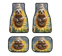 Cartoon Sloth Sitting on Sunflower Car Floor Mats Personalized Anti-Slip Vehicle Front Rear Rugs Classic All-Weather Universal Driver Heel Pad Fit for SUV Vans Sedans Trucks Set of 4pcs