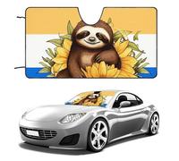 Cartoon Sloth Sitting on Sunflower Car Windshield Sun Shade Keep Car Interior Cool 55"x30" Folding Front Window Sun Shade, Heat Shield for SUV, Truck, Blocks UV