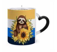 Cartoon Sloth Sitting on Sunflower Color Changing Mug Heat Changing Coffee Mugs Funny Magic Cup Heat Sensitive Travel Mug Novelty Coffee Cups Personalized Customized Gift Idea for Men & Women 11 Oz