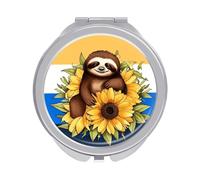 Cartoon Sloth Sitting on Sunflower Compact Mirror for Purse, Double-Sided 1x/2x Magnifying Metal Pocket Makeup Mirrors, Folding Mini Vanity Mirror, Handheld Round Travel Cosmetic Mirrors for Women