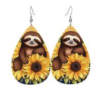 Cartoon sloth sitting on sunflower Earrings for Women Faux Leather Earring Teardrop Dangle Earrings Lightweight Jewelry Gift