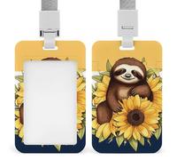 Cartoon Sloth Sitting on Sunflower ID Badge Holder with Lanyard Vertical Badge Reel Clip Durable Clear Window Name Tag ABS Plastic Push-Pull Design ID Card Holder for Office, Nurses, Employees