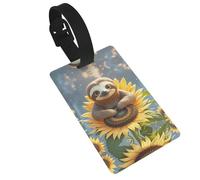 Cartoon Sloth Sitting on Sunflower Luggage Tags for Suitcases, PVC Suitcase Tag with Secure Strap Suitcase Identifier with Privacy Name Card for Travel Bag Tags Personalized Baggage Tag for Women Men