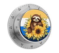 Cartoon Sloth Sitting on Sunflower Mechanical Kitchen Timer for Cooking 60 Min with Magnetic Backing Loud Alarm,Stainless Steel Wind Up Countdown Timer Cute Egg Timers for Cooking Studying Gaming Cla