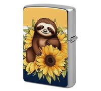 Cartoon Sloth Sitting on Sunflower Metal Lighter Case Cover, Personalized Graffiti Lighter Sleeve, Waterproof Double-Sided Protector for Women Men Gifts