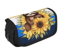 Cartoon Sloth Sitting on Sunflower Pencil Case Organizer - Large Capacity 3 Compartment Pencil Pouch for Adults, Portable Makeup Bag & Aesthetic Stationery Bag with Zipper (8.7x4.3") Unisex Gift