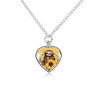 Cartoon Sloth Sitting on Sunflower Pet Urn Necklace for Dog Cat Ashes Heart Cremation Keepsake Pendant Memorial Jewelry Gifts for Women Men