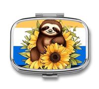 Cartoon Sloth Sitting on Sunflower Pill Box - 2 Compartment Travel Pill Organizer with Small Mirror, Portable Pillcase for Pocket & Purse, Cute Square Medicine Case, Weekly Medicine Container