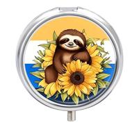 Cartoon Sloth Sitting on Sunflower Pill Box Round Portable Small Pill Case Waterproof Travel Pill Box Organizer for Pocket Purse and Daily Convenience