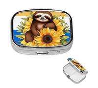 Cartoon Sloth Sitting On Sunflower Pill Case Portable Square Pill Box 2 Compartment Pill Organizer Cute Travel Pill Container Vitamin Organizer for Purse Pocket Travel Gift