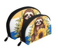 Cartoon Sloth Sitting on Sunflower Portable Shell Cosmetic Bag Set - Travel Makeup Organiser with Zipper & Inner Compartments