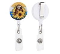 Cartoon Sloth Sitting on Sunflower Retractable Badge Reel - Personalized ID Name Badge Holder with Lanyard Cute Badges Reel Holder Round Nurse Doctor Name Tag Badges Clip for Work