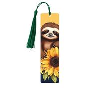 Cartoon Sloth Sitting on Sunflower Wood Bookmark for Book Lovers Birthday Teachers Gift, Handmade Craft Book Marks Ornaments with Tassel Exquisite Reading Page Markers for Men Women