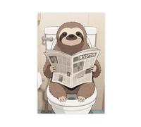 Cartoon Sloth Sitting on The Toilet Reading A Newspaper Canvas Poster Bedroom Decor Landscape Decor Gift 20x30inch(50x75cm)