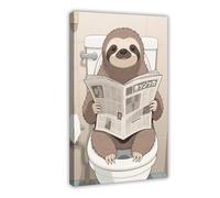Cartoon Sloth Sitting on The Toilet Reading A Newspaper Canvas Poster Bedroom Decor Landscape Decor Gift 20x30inch(50x75cm)