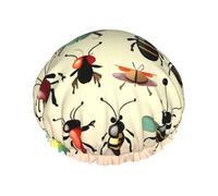 Cartoon small insects Printed shower cap, reusable, double-layered design, suitable for women to wrap their hair, wash their face, and apply face masks.