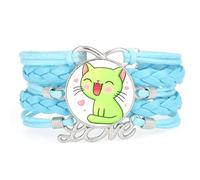 Cartoon smiling Cat Girl love heart adjustable leather braided bracelet Blu